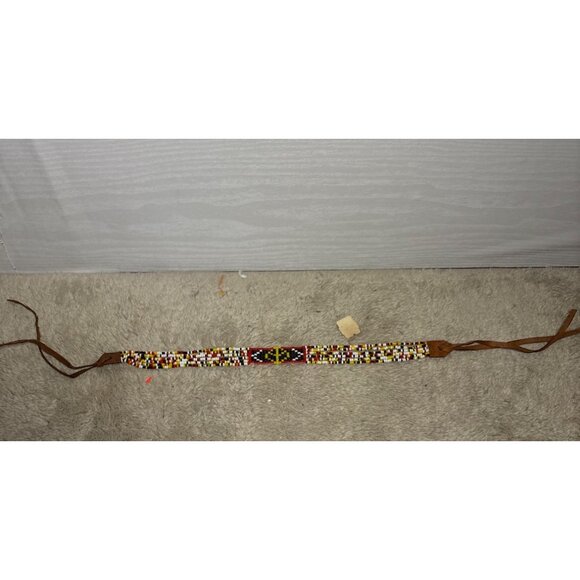 Handcrafted Multicolor Beaded Leather Bracelet Necktie With Adjustable Ties - Picture 5 of 8